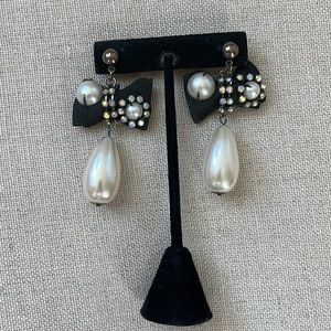 Black Bow Tie Faux Pearl Drop Earrings with rhinestones